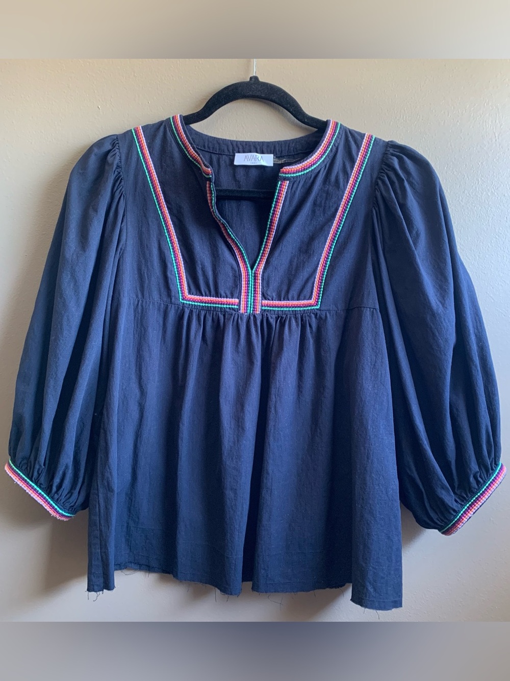 Avara Women's Navy Blue Embroidered Cotton Peasant Blouse Size Small